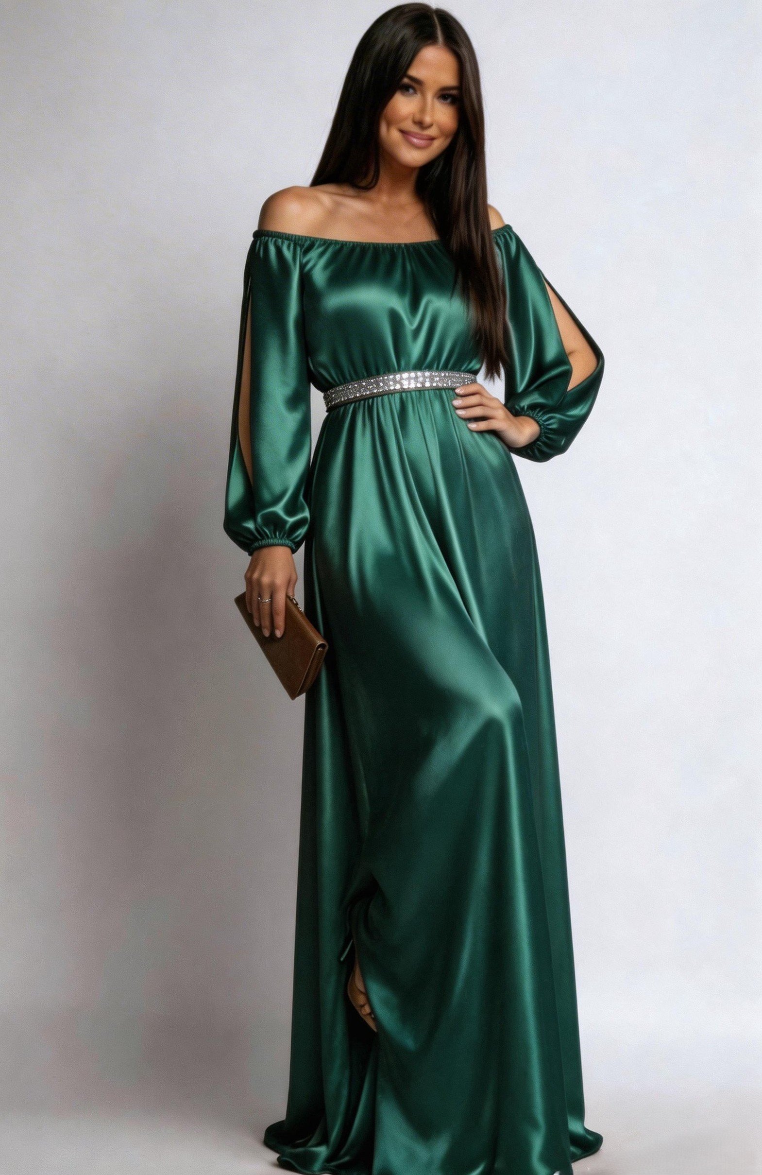 rochii de seara Rochie de ocazie din satin verde vaporoasa cu maneca lunga Larisa